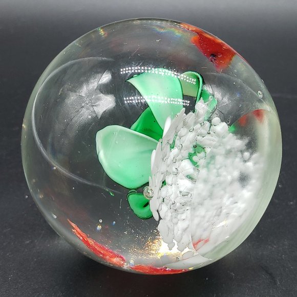 Clear Round Green Flower Red Fish Aquarium  Art Glass Paperweight - Picture 3 of 6